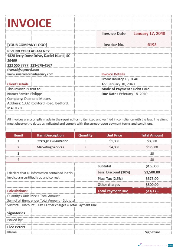 Download Sample Advertising Agency Invoice Template Photoshop template